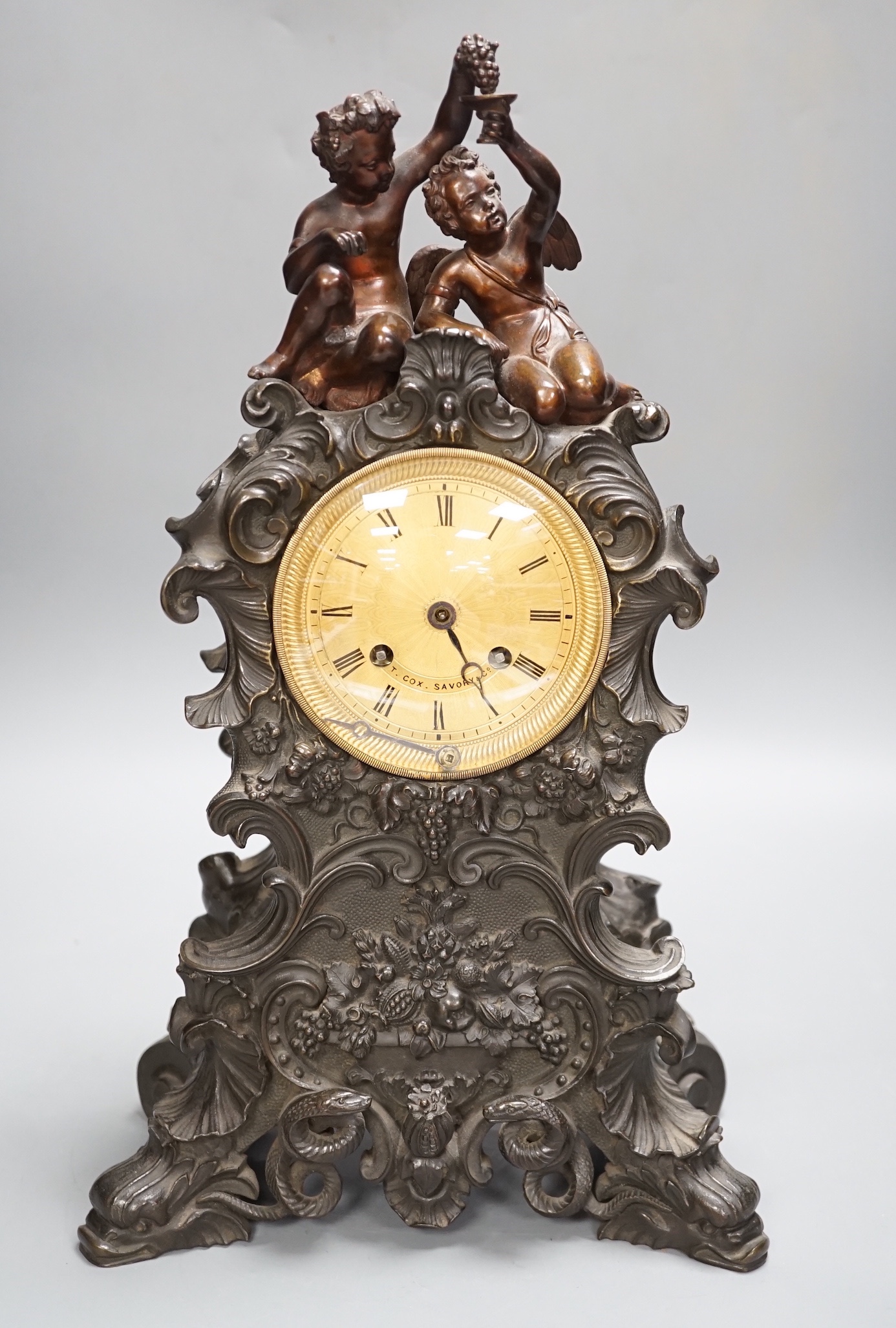 A late 19th French bronze figural mounted mantel clock 39cm